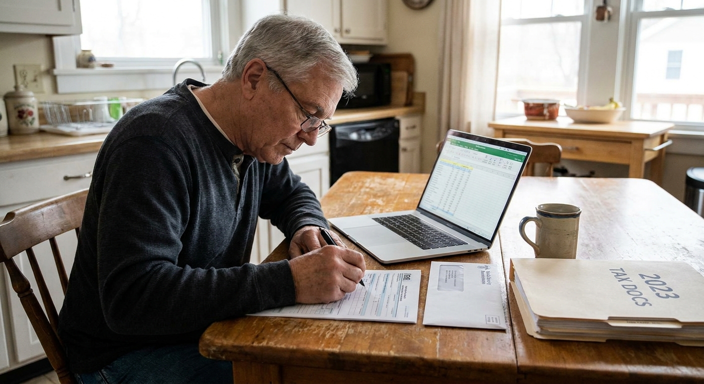 An older adult sitting at a kitchen table filling out paperwork with a pen, with a laptop, a Social Security letter, and a neatly stacked folder of tax documents nearby, realistic photo