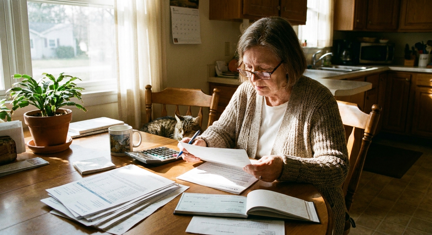 An older adult sitting at a kitchen table reviewing bank statements and a checkbook with a calculator nearby, natural window light, realistic photo