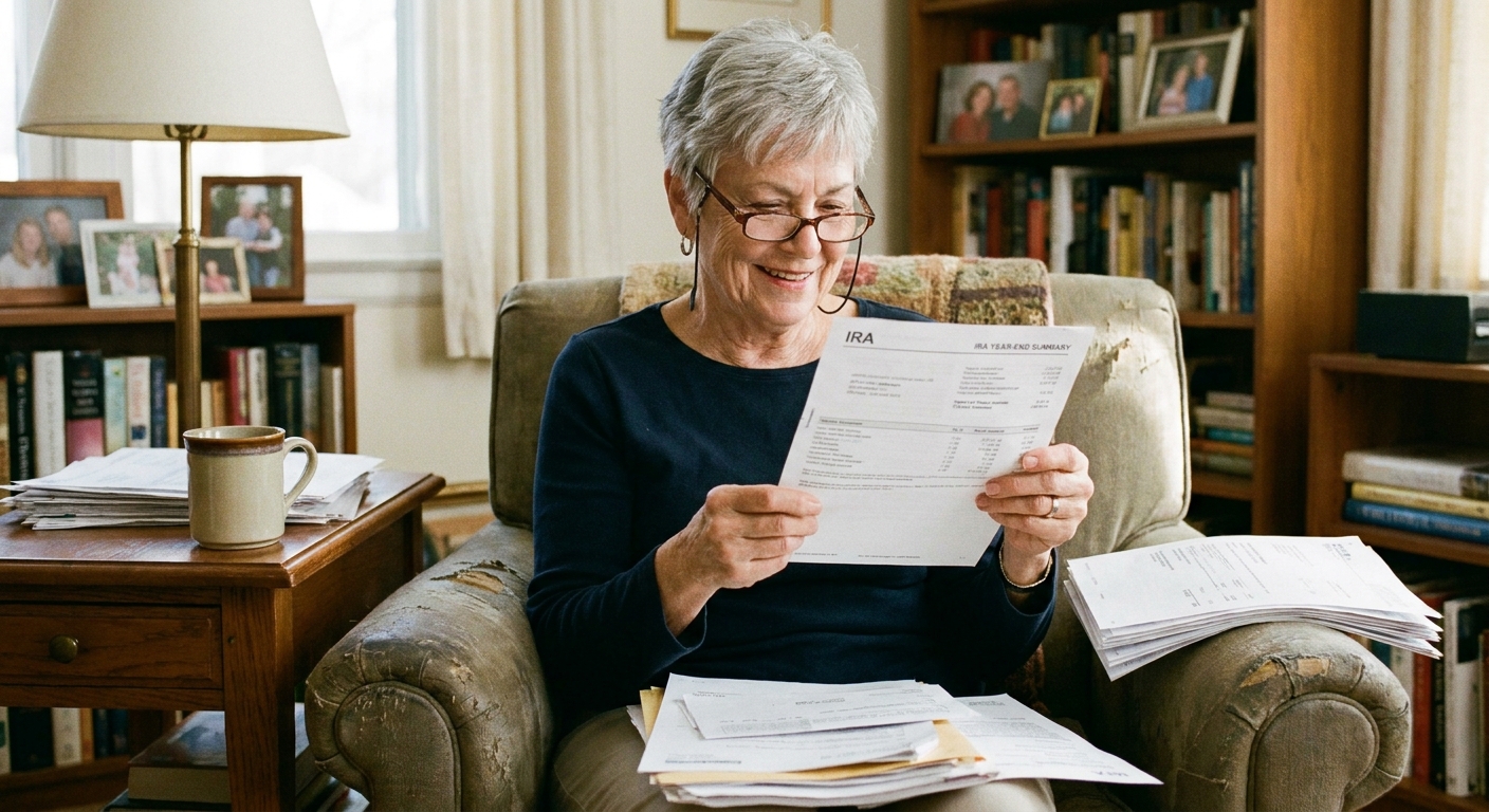 An older adult sitting in a living room reviewing IRA account statements on paper with reading glasses and a cup of coffee, candid lifestyle photo