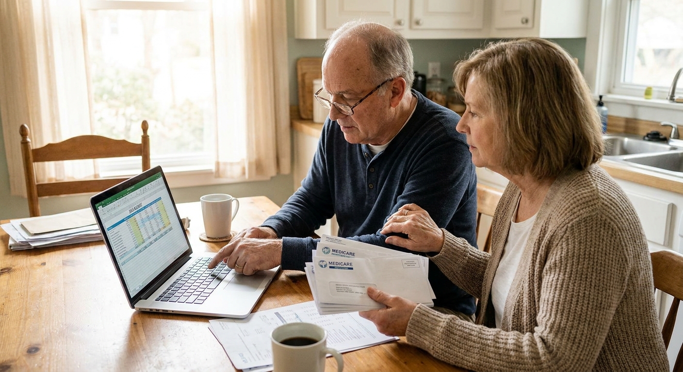 An older couple at a kitchen table reviewing Medicare mail and a laptop budget spreadsheet in natural morning light, realistic photo