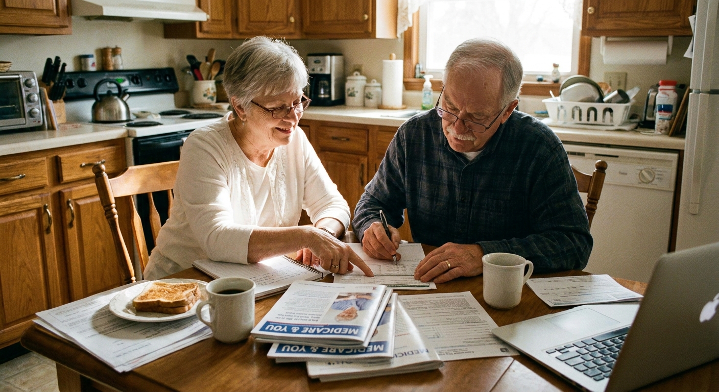 An older couple at a kitchen table reviewing Medicare plan documents and a notebook, candid photo