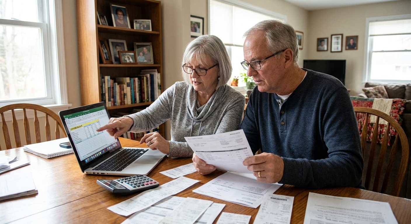 An older couple at home reviewing a budget on a laptop with paper statements spread on a dining table, realistic photo