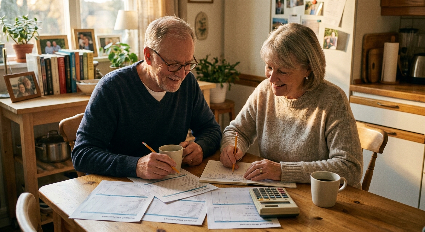An older couple at home reviewing a retirement budget on paper with a calculator on the table, warm indoor lighting, realistic photo