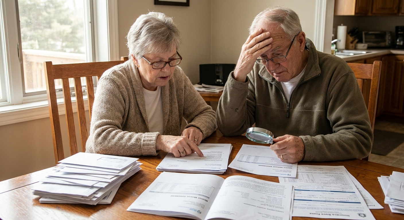 An older couple sitting at a dining table reviewing medical bills and insurance mail together, realistic photo
