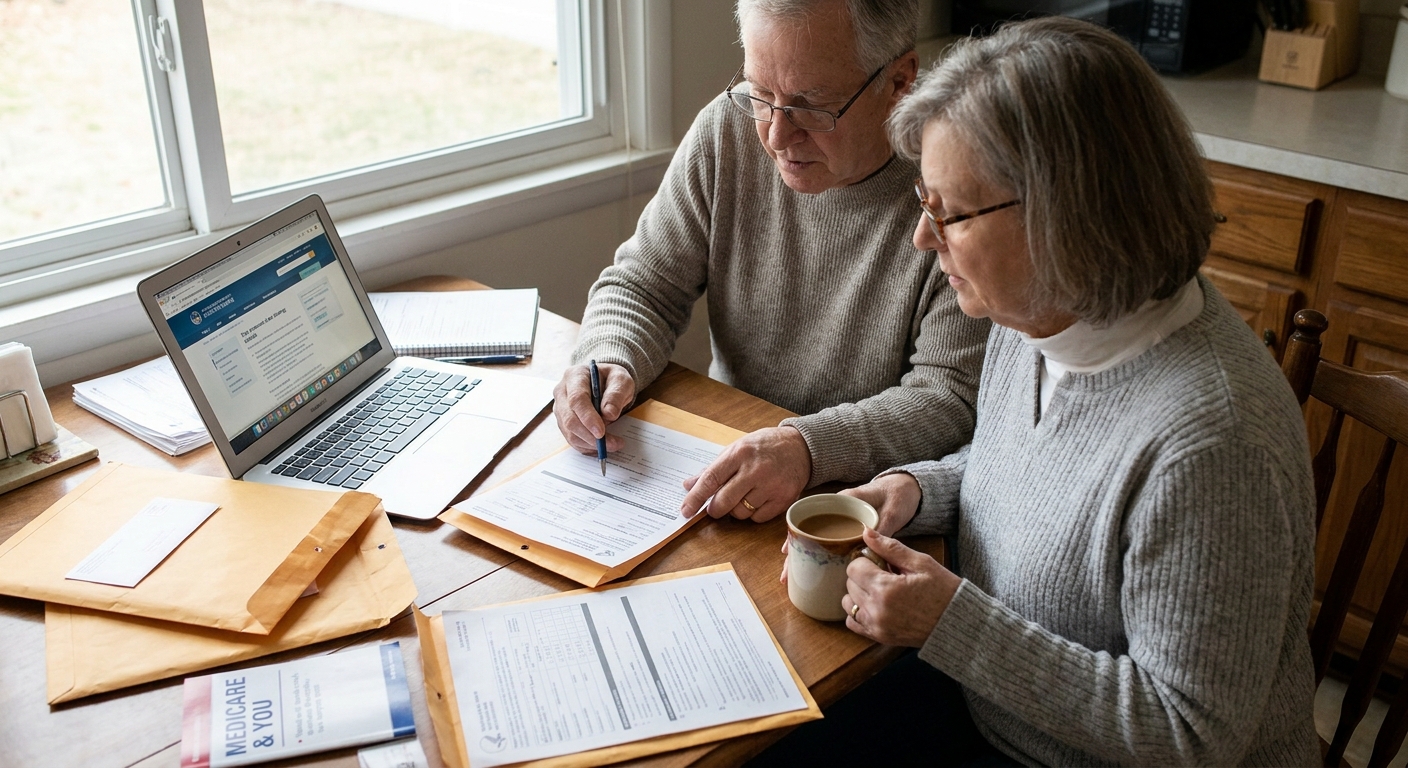 An older couple sitting at a kitchen table reviewing Medicare paperwork with a laptop and a cup of coffee, natural light, real-life photo