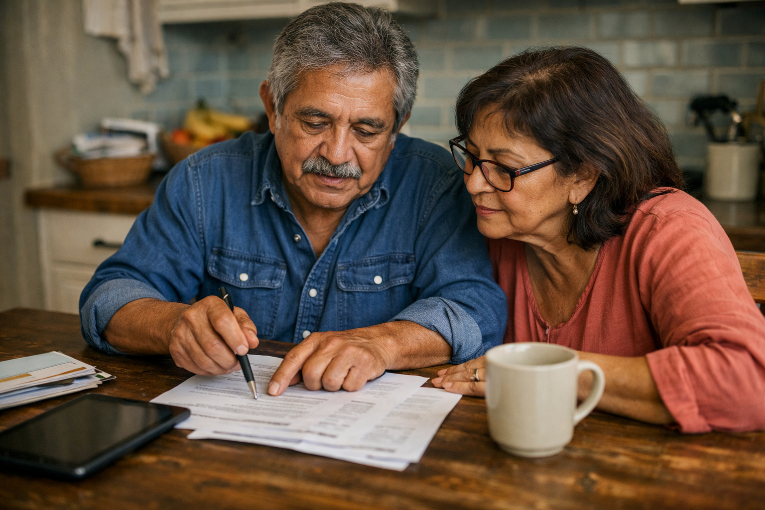 An older couple sitting at a kitchen table reviewing Medicare-related paperwork and a laptop, natural window light, candid real photo