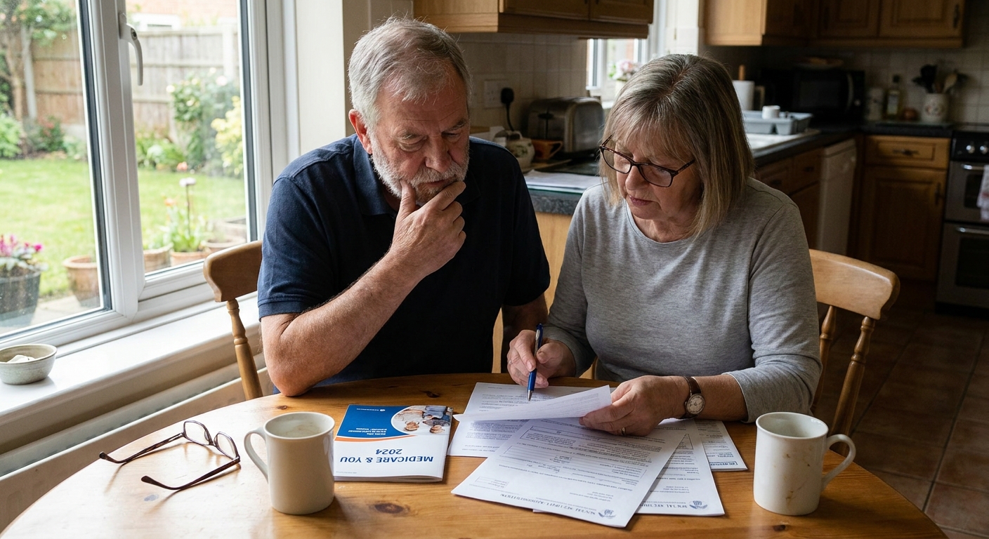 An older couple sitting at a kitchen table reviewing Medicare paperwork and an insurance booklet, natural window light, real-life photo
