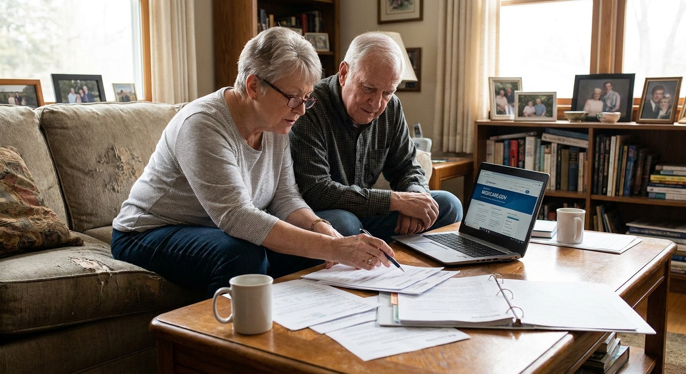 An older couple sitting in a living room reviewing Medicare plan paperwork with a laptop on a coffee table, realistic photography style