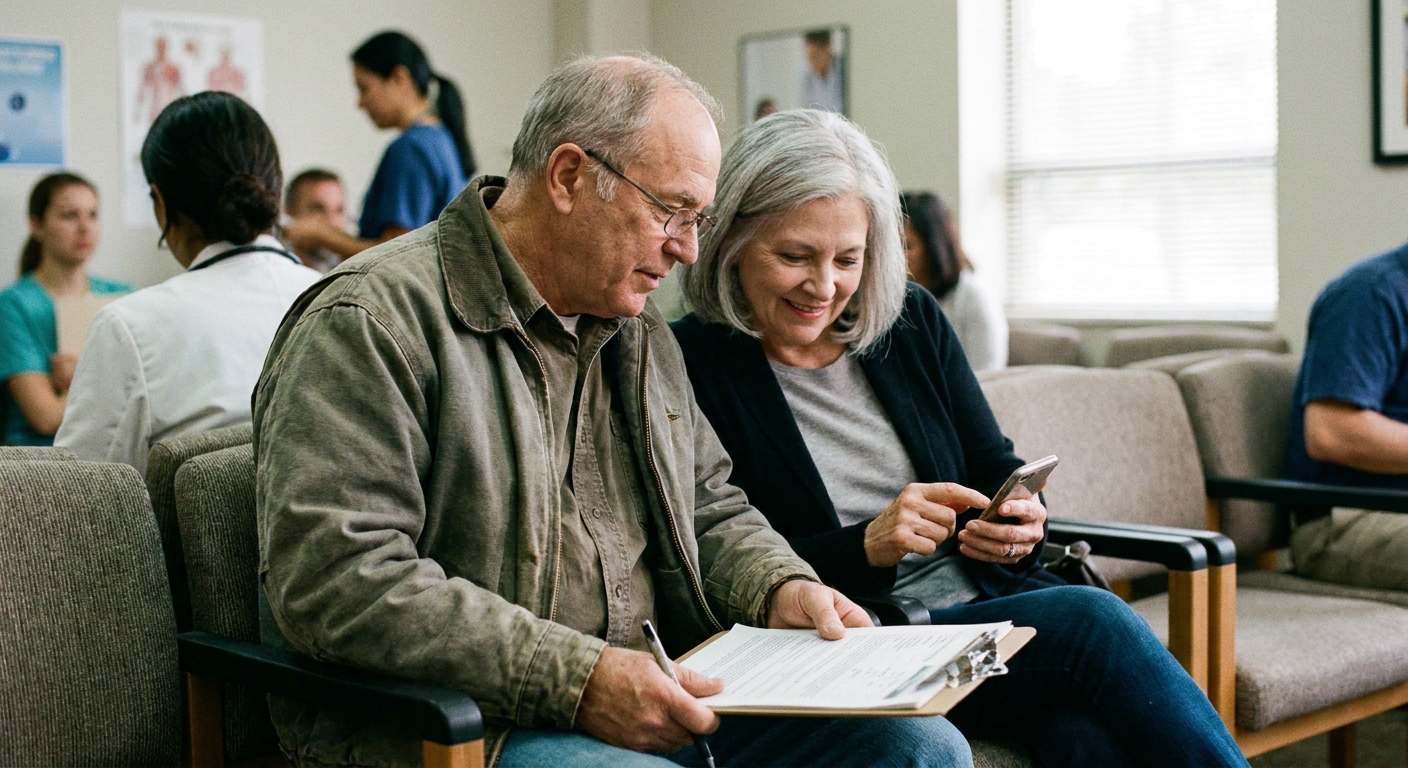 An older couple sitting in a medical office waiting room holding paperwork and a smartphone, candid healthcare photography style