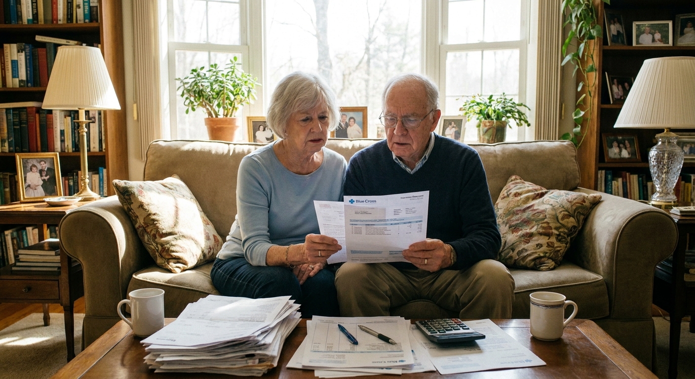 An older couple sitting on a couch reviewing medical bills and an insurance statement together in a bright living room, real-life photo