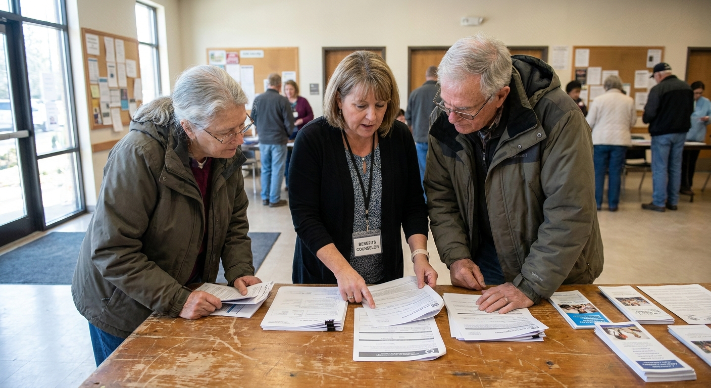 An older couple sitting with a benefits counselor at a community center table reviewing paperwork together, candid realistic photo