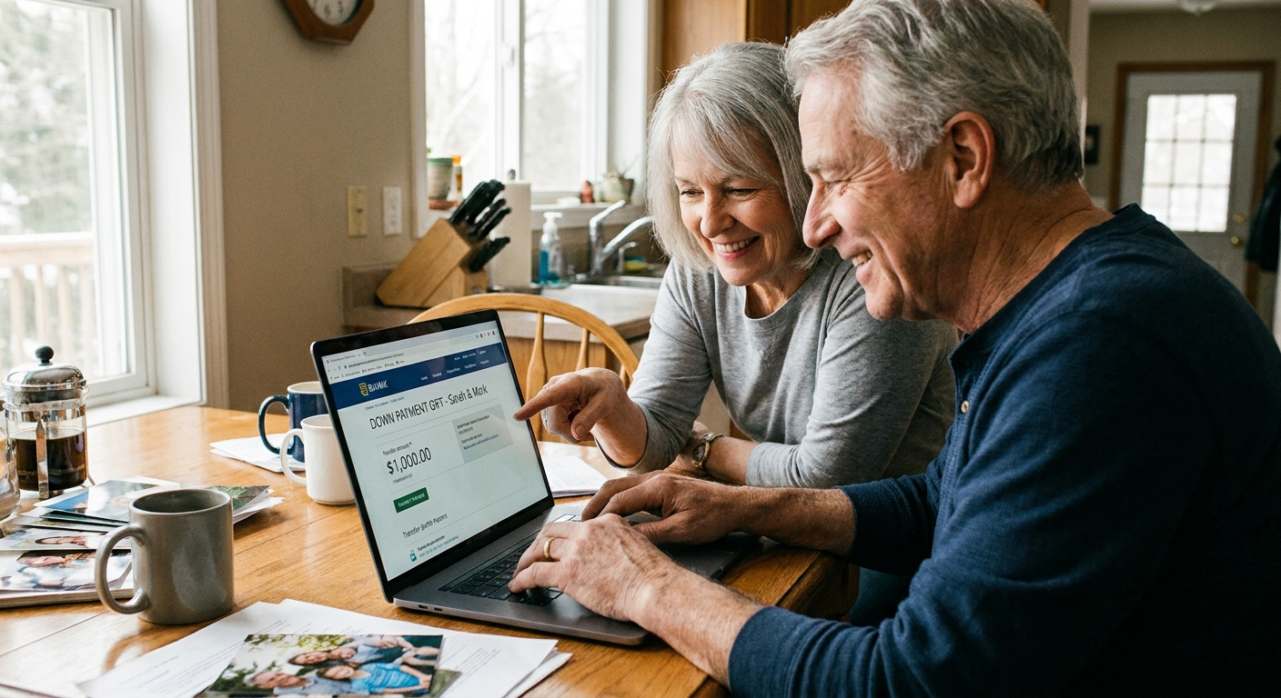 An older couple using a laptop at home to initiate a bank transfer as a down payment gift to their adult child, candid lifestyle photo
