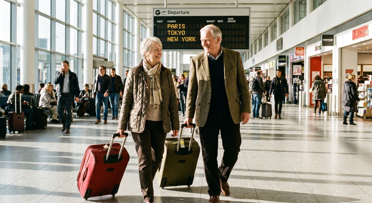 An older couple walking through an airport terminal with rolling luggage, candid travel photo