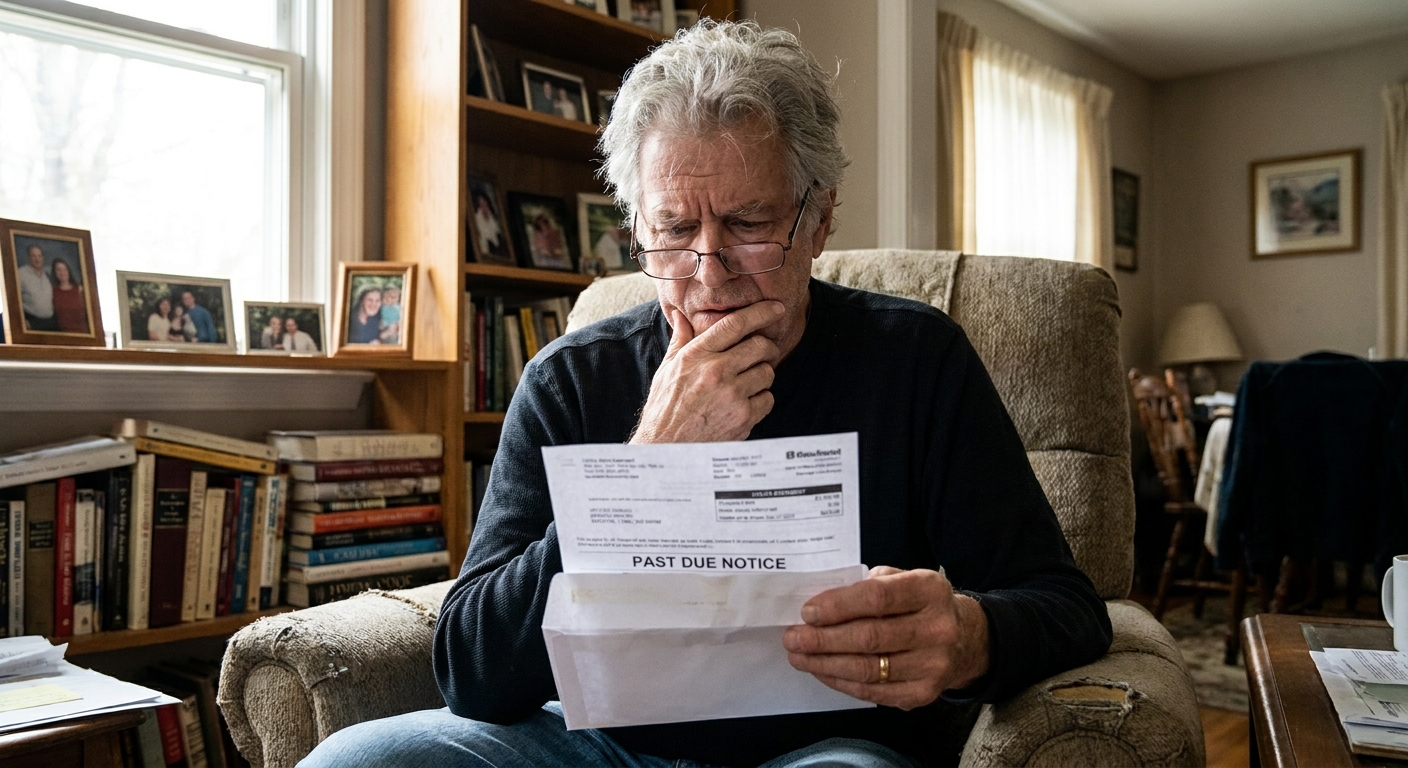 An older man in his living room opening a letter and looking concerned as he reviews a monthly bill, realistic photo