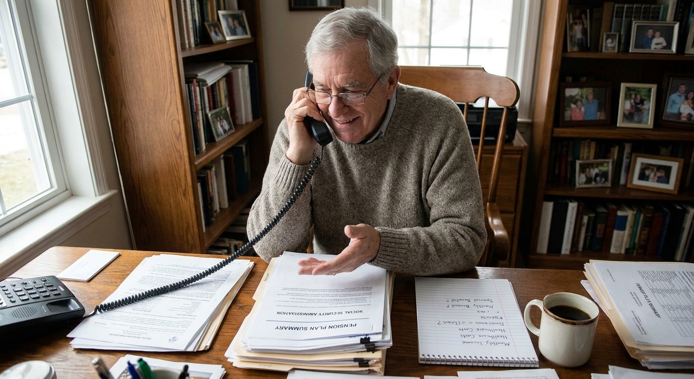 An older man sitting at a desk at home talking on the phone while reviewing retirement benefits paperwork and a notepad, realistic photo