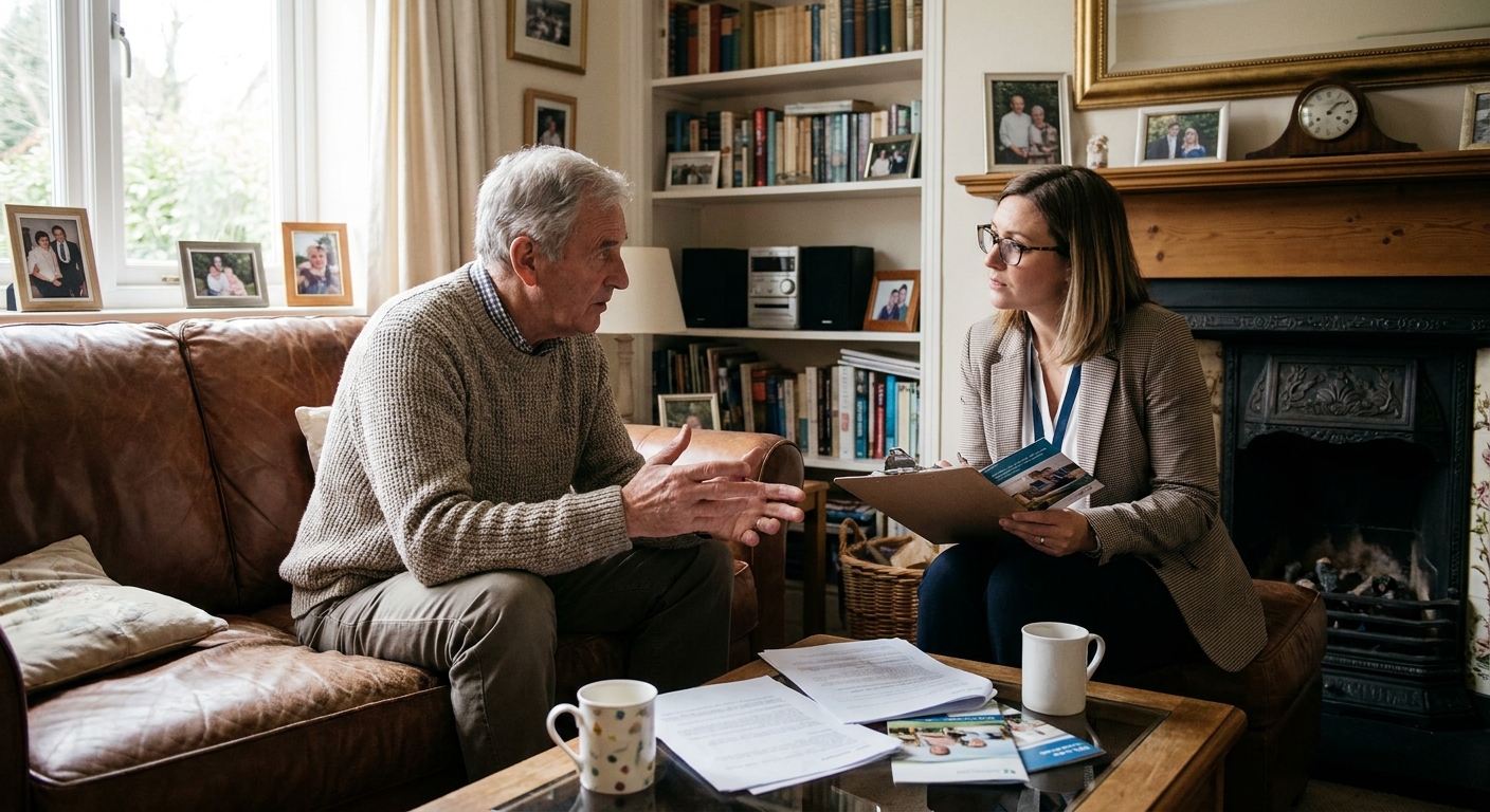 An older man sitting on a couch discussing Medicare coverage with a professional advisor holding paperwork, warm living room setting, real photo