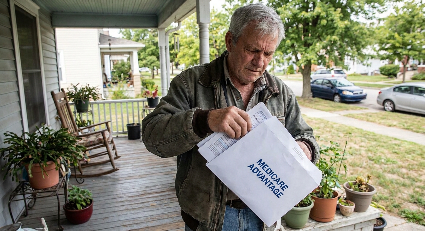 An older man standing on a front porch opening and reading a Medicare Advantage plan envelope, candid real-world photo