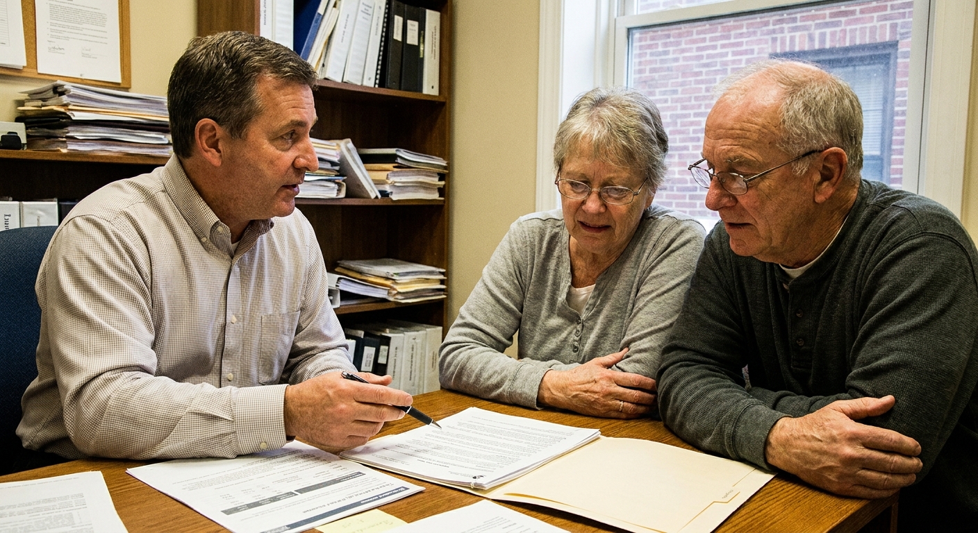 An older married couple sitting across from a financial planner in a small office, discussing retirement paperwork, documentary-style photo