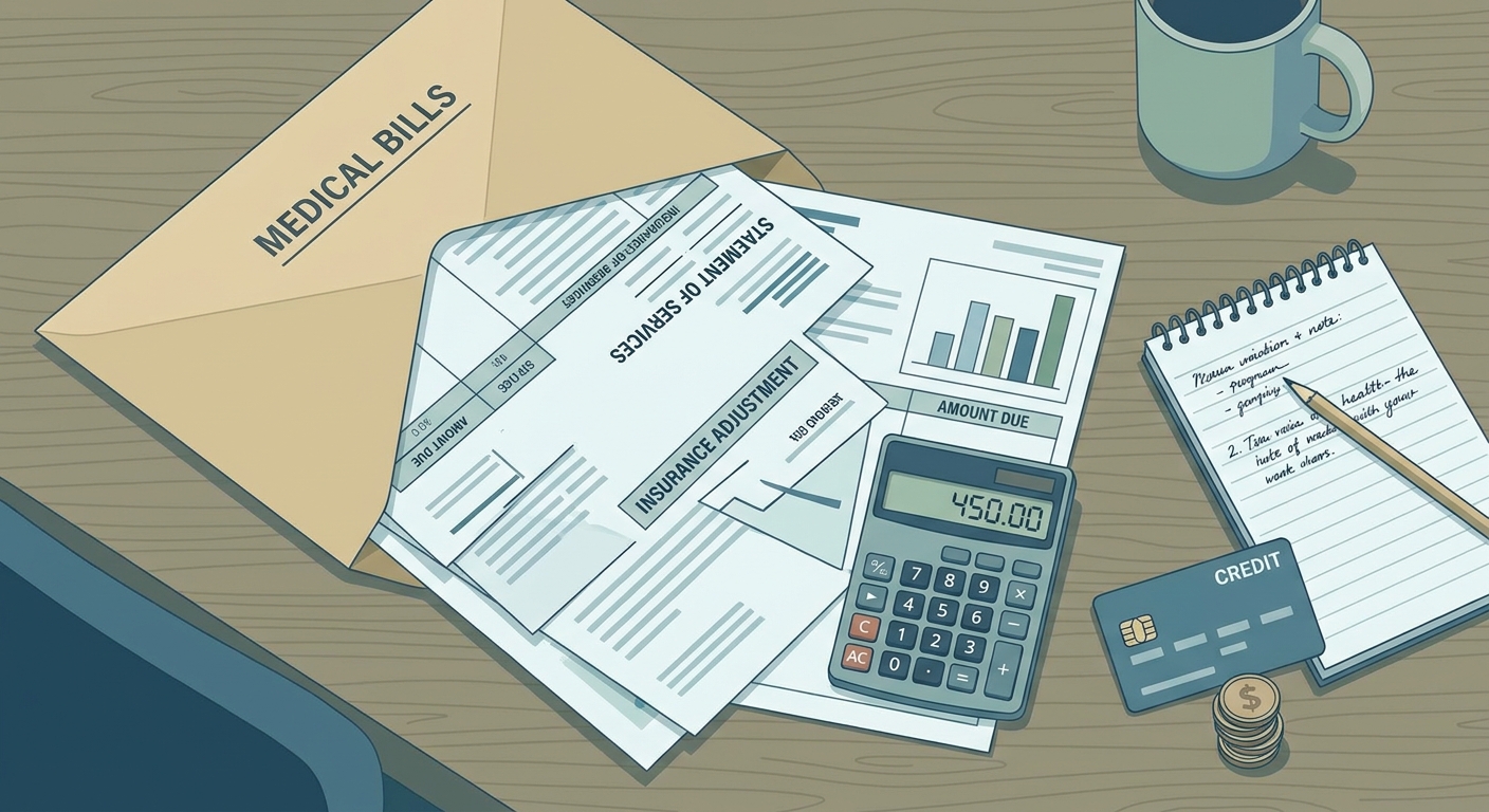 An open envelope with medical bills on a desk next to a calculator and a notepad