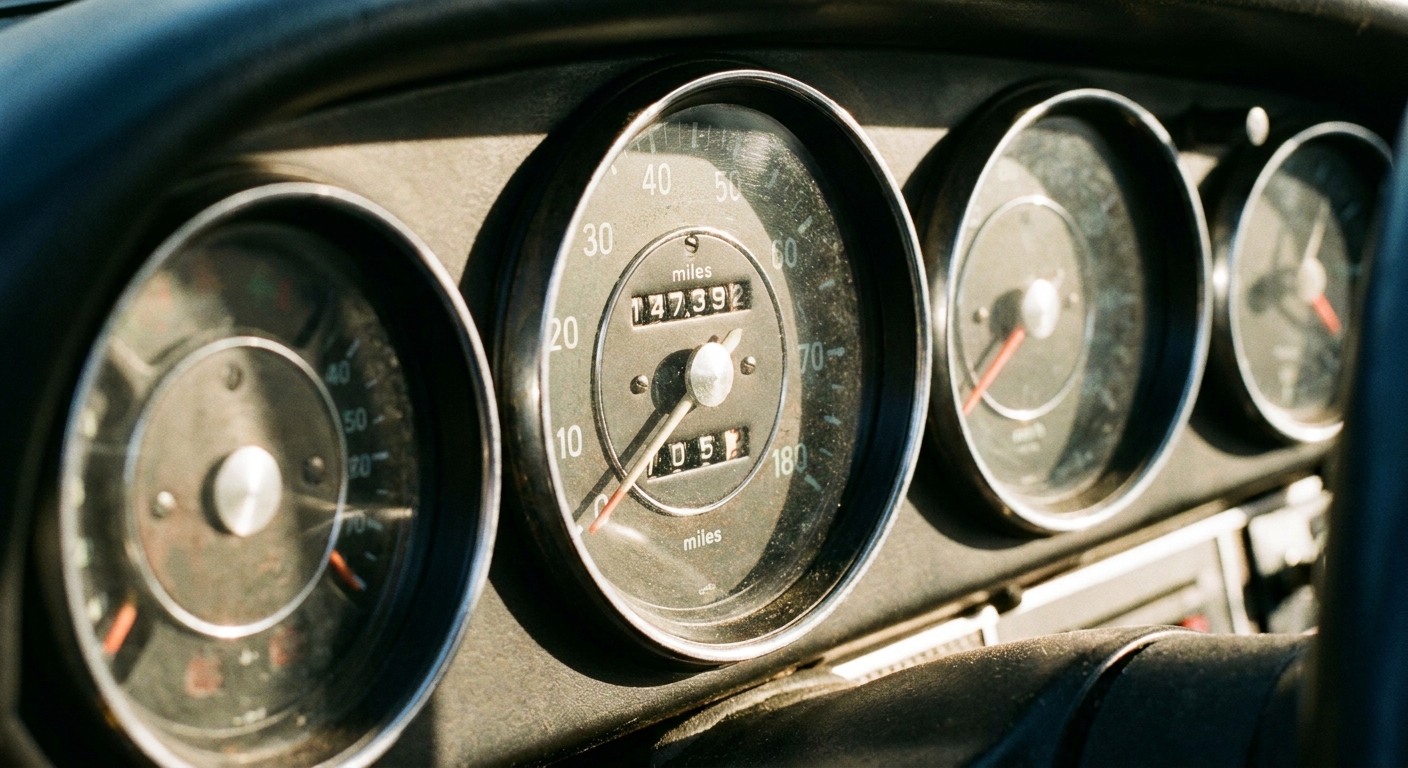 Close-up of a car dashboard showing the odometer