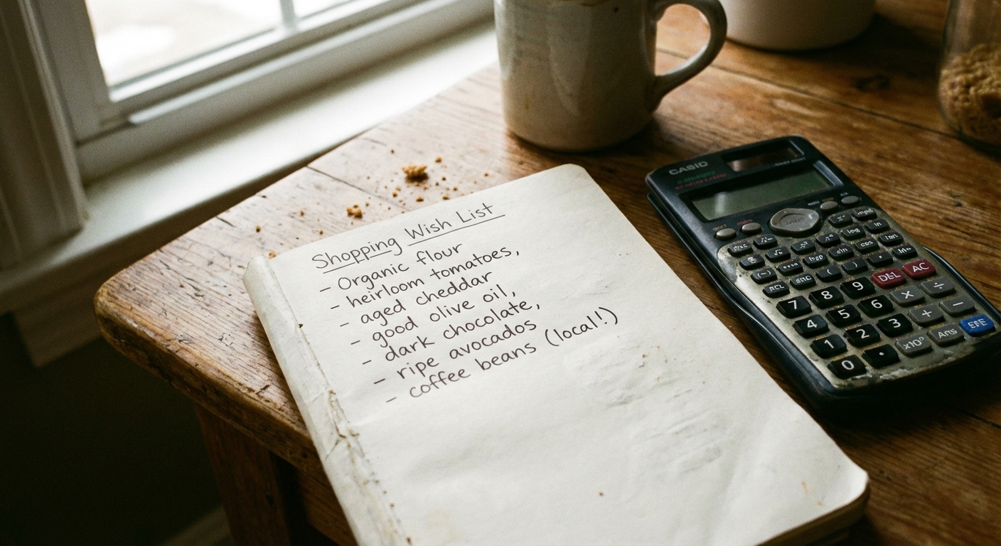 Close-up of a notebook on a kitchen table with a handwritten shopping wish list and a calculator nearby