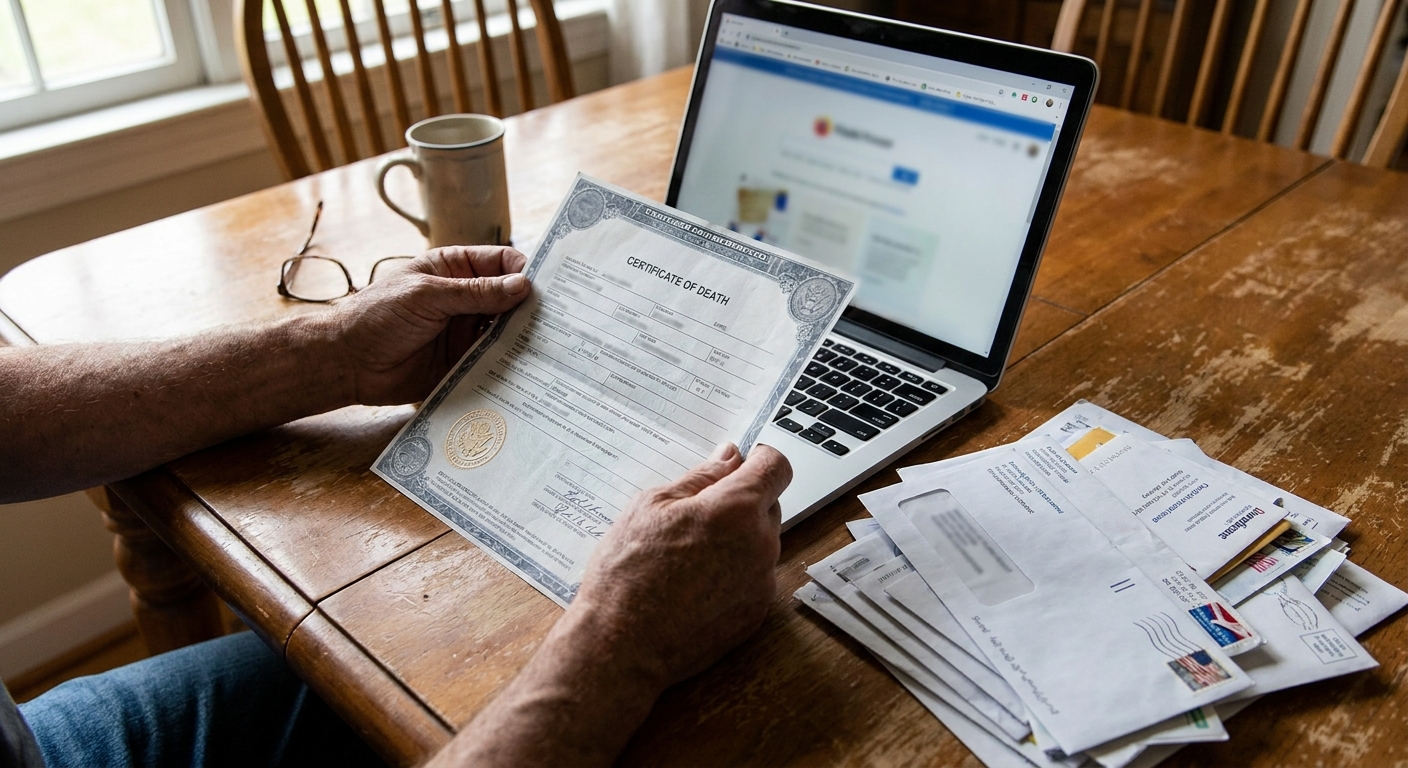 Close-up of hands holding a death certificate beside a laptop and a stack of mail on a dining table, realistic photo