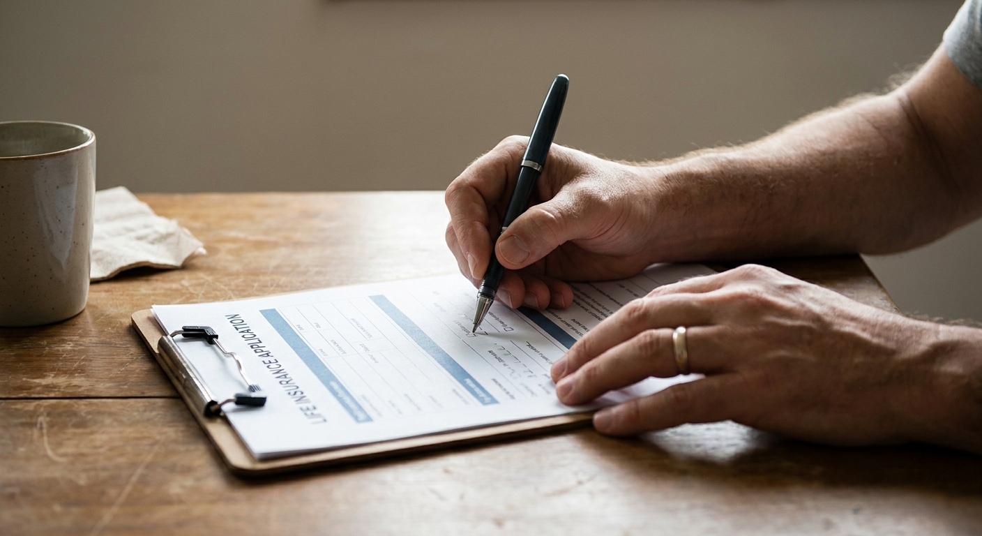 Close-up of hands signing an insurance application form on a clipboard at a dining table, with a pen and a neutral background, realistic photography