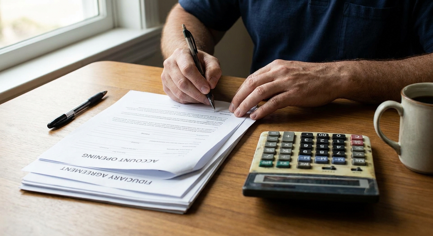 Close-up of hands signing financial account forms on a desk with a pen and a calculator nearby, realistic photography