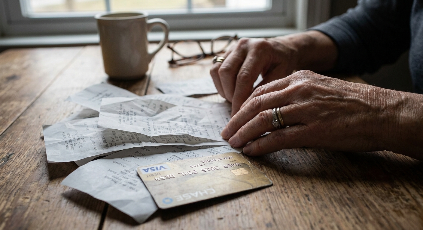 Close-up of hands sorting a small pile of receipts and a debit card on a wooden table, natural light, realistic photograph