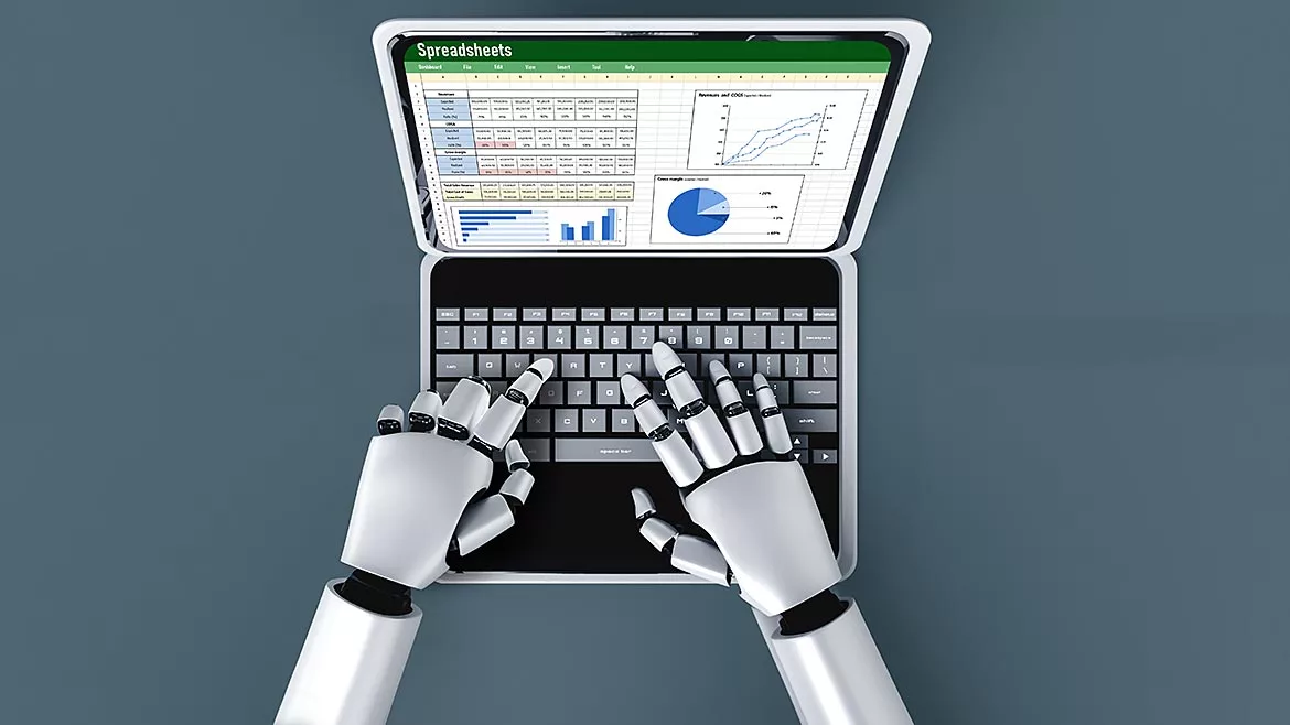 Close-up of hands typing into a laptop spreadsheet with a credit card statement and bank app open nearby on a phone, realistic home office photo