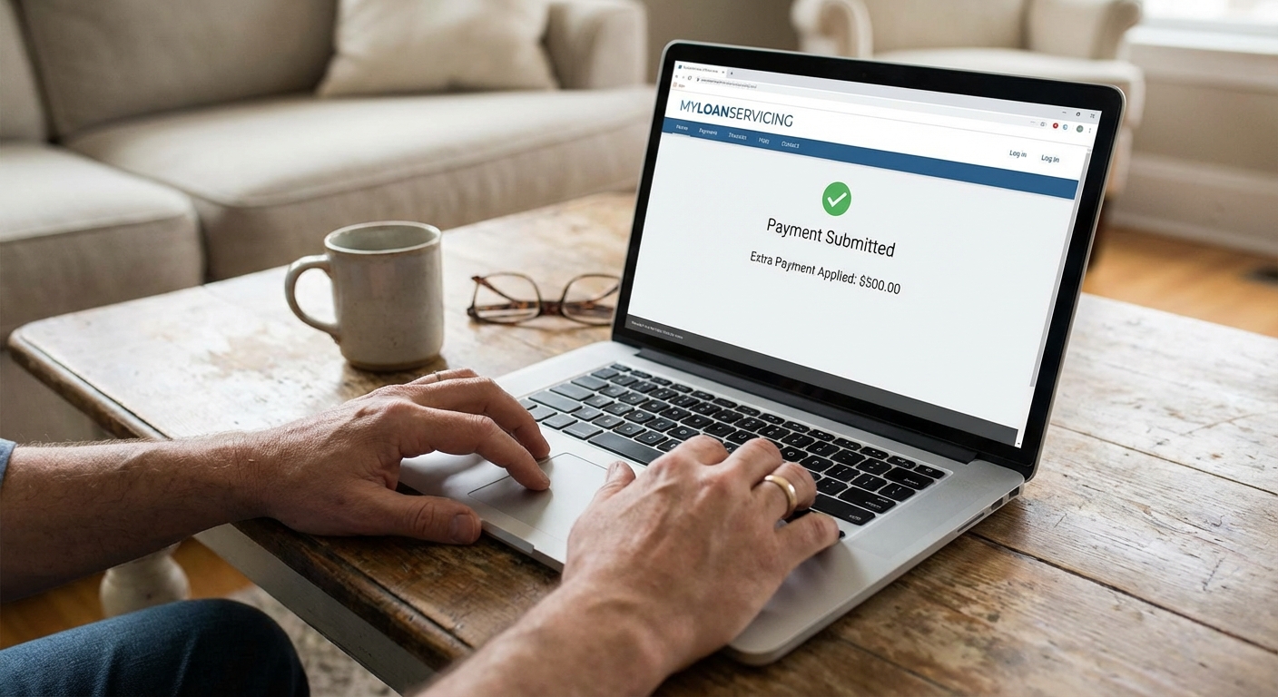 Close-up of hands using a laptop to submit an extra payment on an online loan servicing portal at home, realistic photography