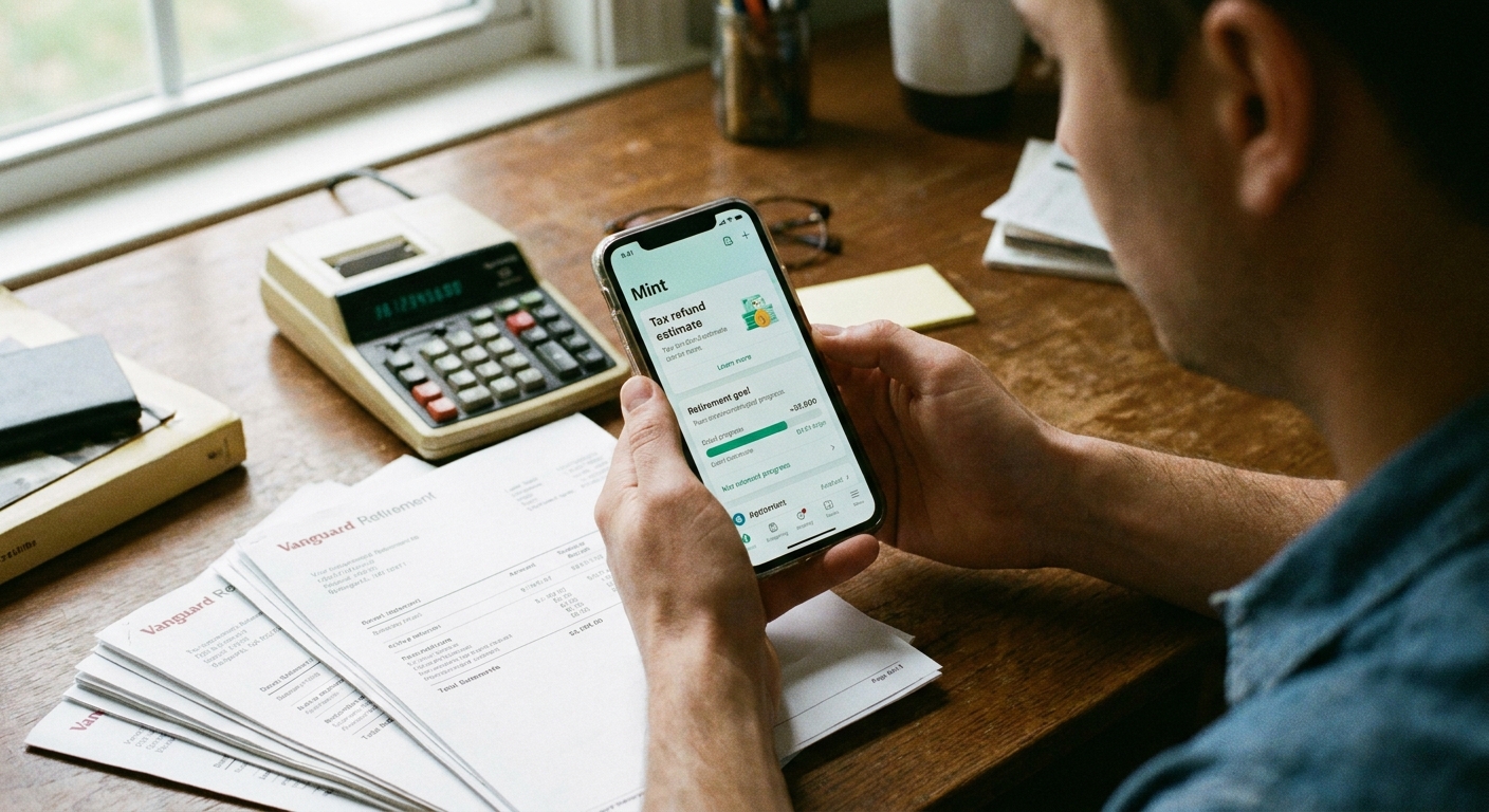 Close-up photo of a person holding a smartphone displaying a tax or budgeting app while sitting at a desk with a calculator and retirement account statements