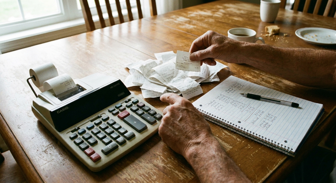 Close-up photo of hands sorting paper receipts next to a calculator and a notebook on a dining table