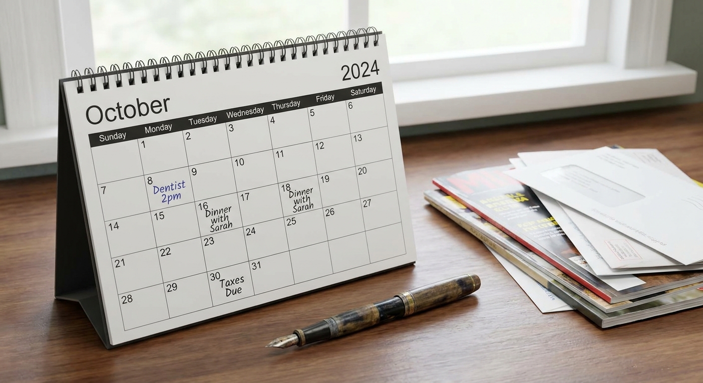 Desktop calendar opened to October next to a pen and a stack of mail.