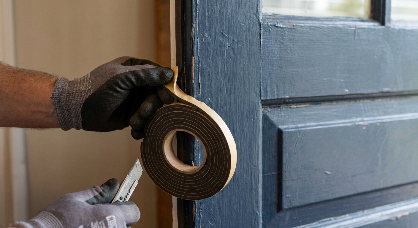Hands applying adhesive weatherstripping along the edge of a front door to stop drafts, close-up home maintenance photo