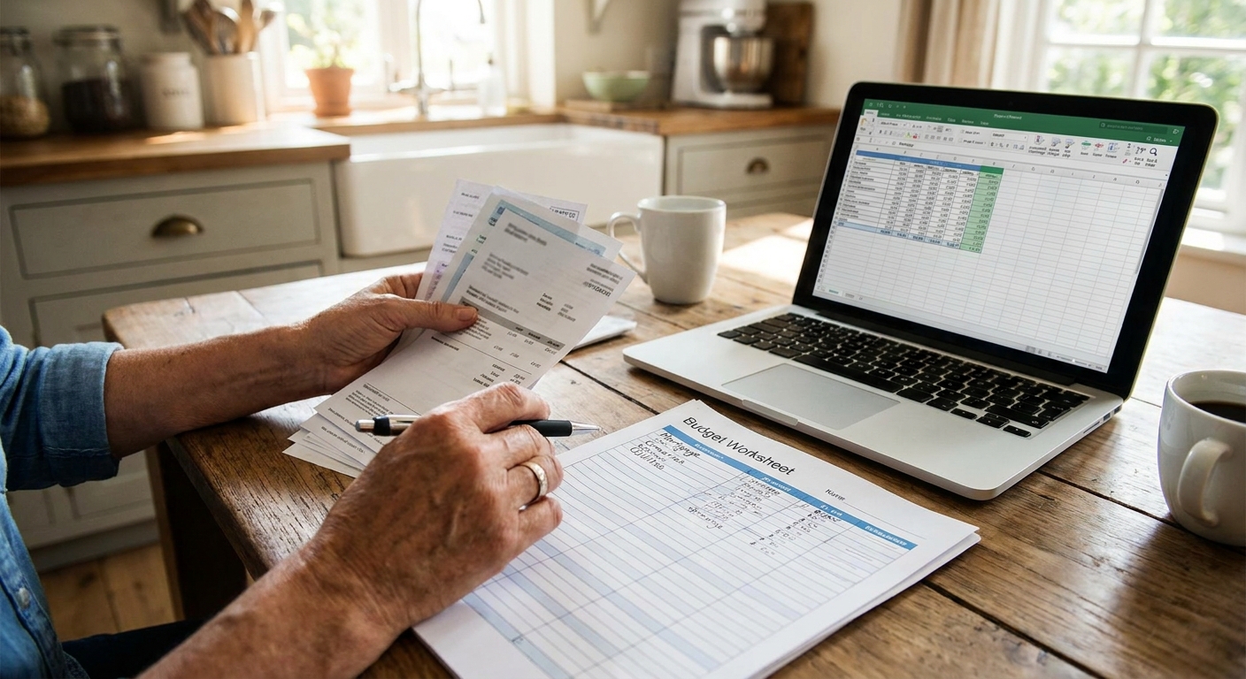 Hands reviewing monthly bills and a budget worksheet next to a laptop on a kitchen table.