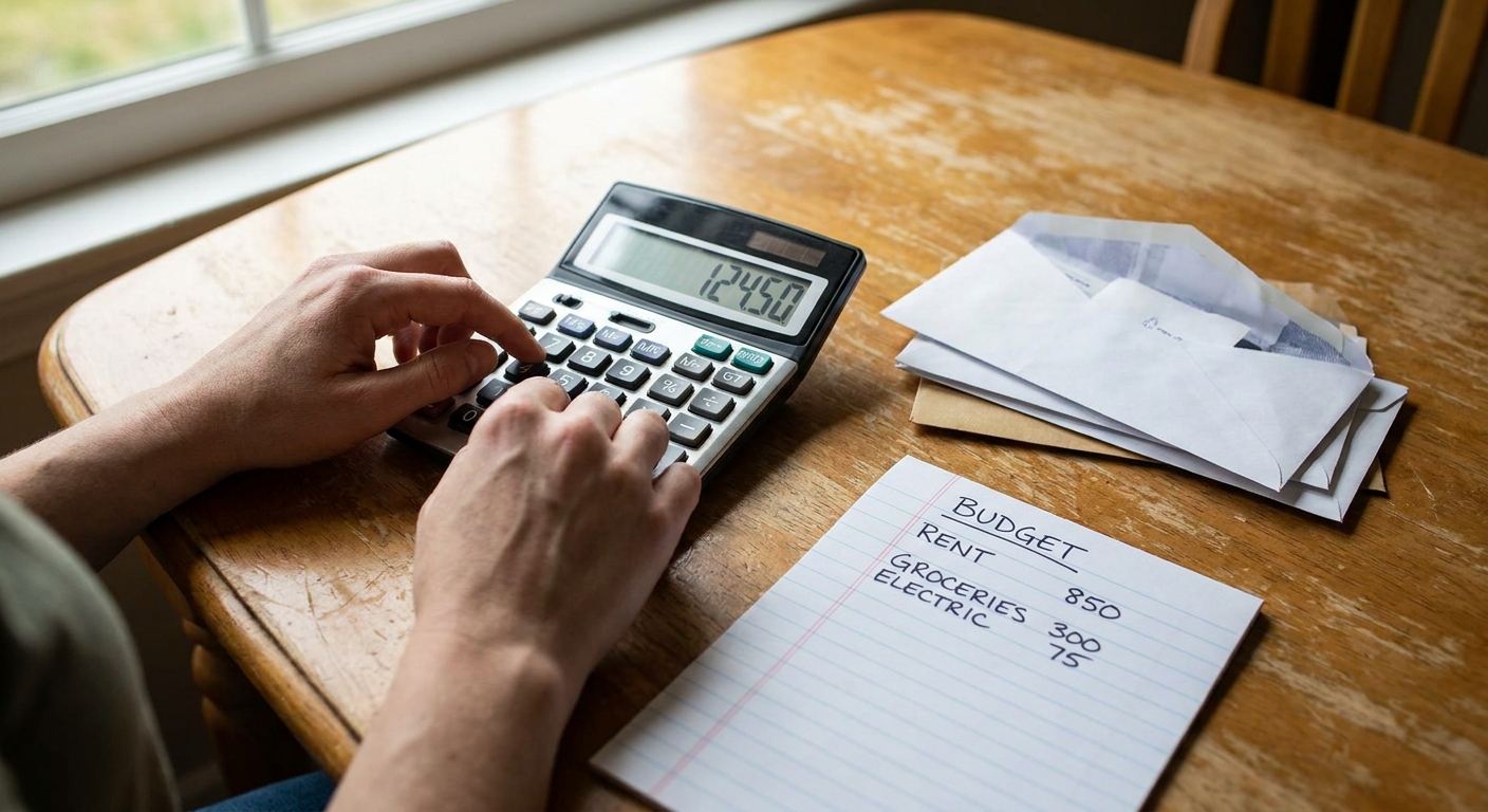 Hands using a basic calculator beside a handwritten budget and a small stack of mail on a kitchen table
