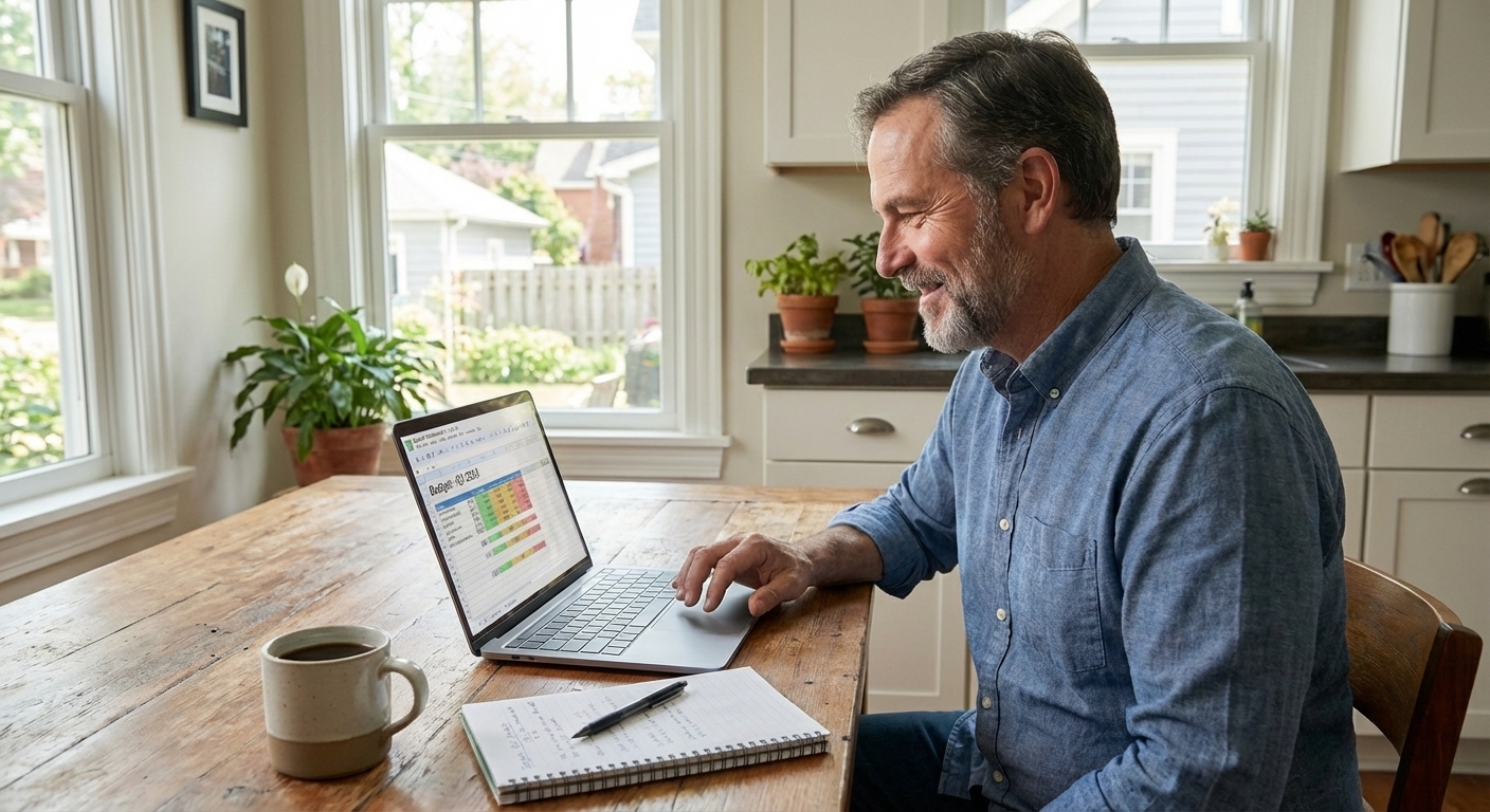 Marcus Hayes reviewing a color-coded budgeting spreadsheet on a laptop at a kitchen table with a notebook and a cup of coffee nearby, realistic home photo