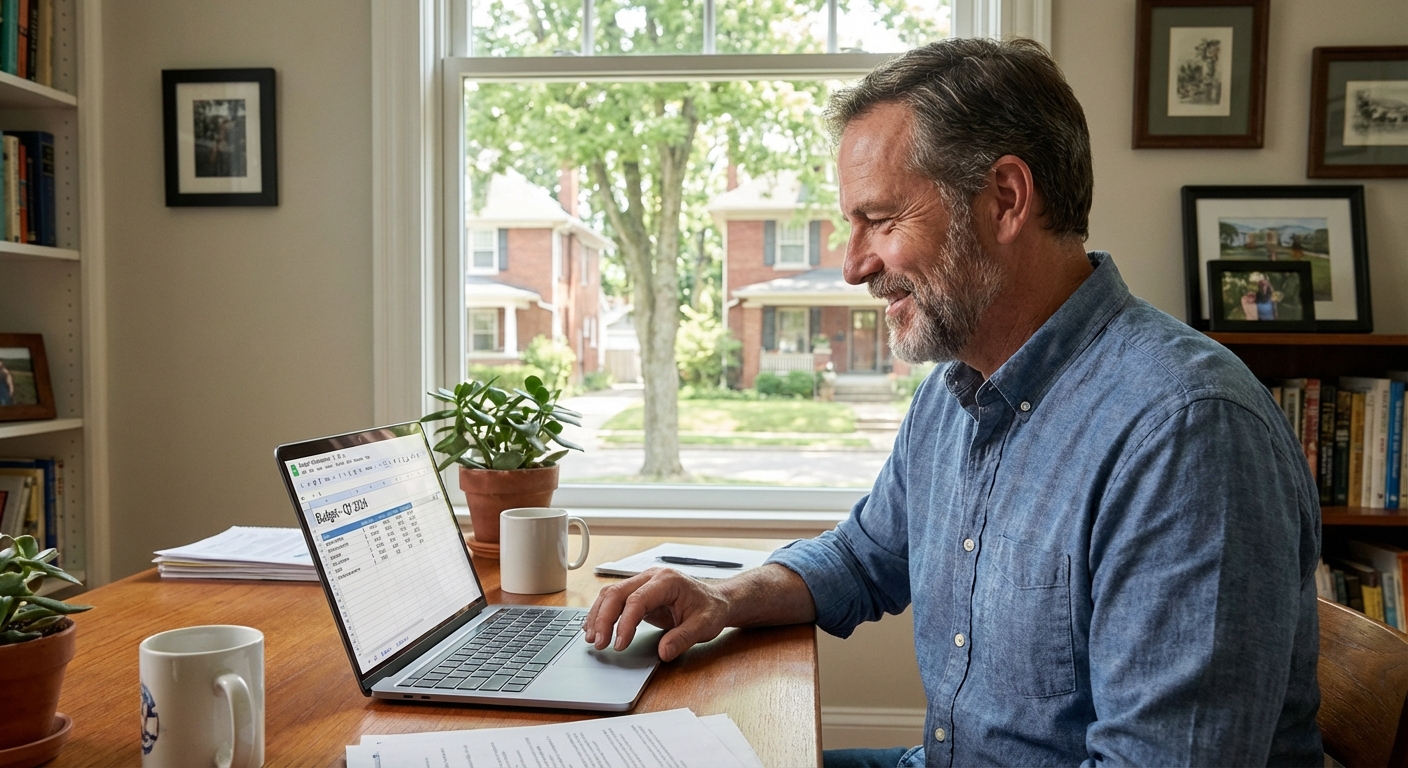 Marcus Hayes sitting at a desk in a bright home office in Columbus, Ohio, with a laptop open and a simple budget spreadsheet on screen, candid lifestyle photograph