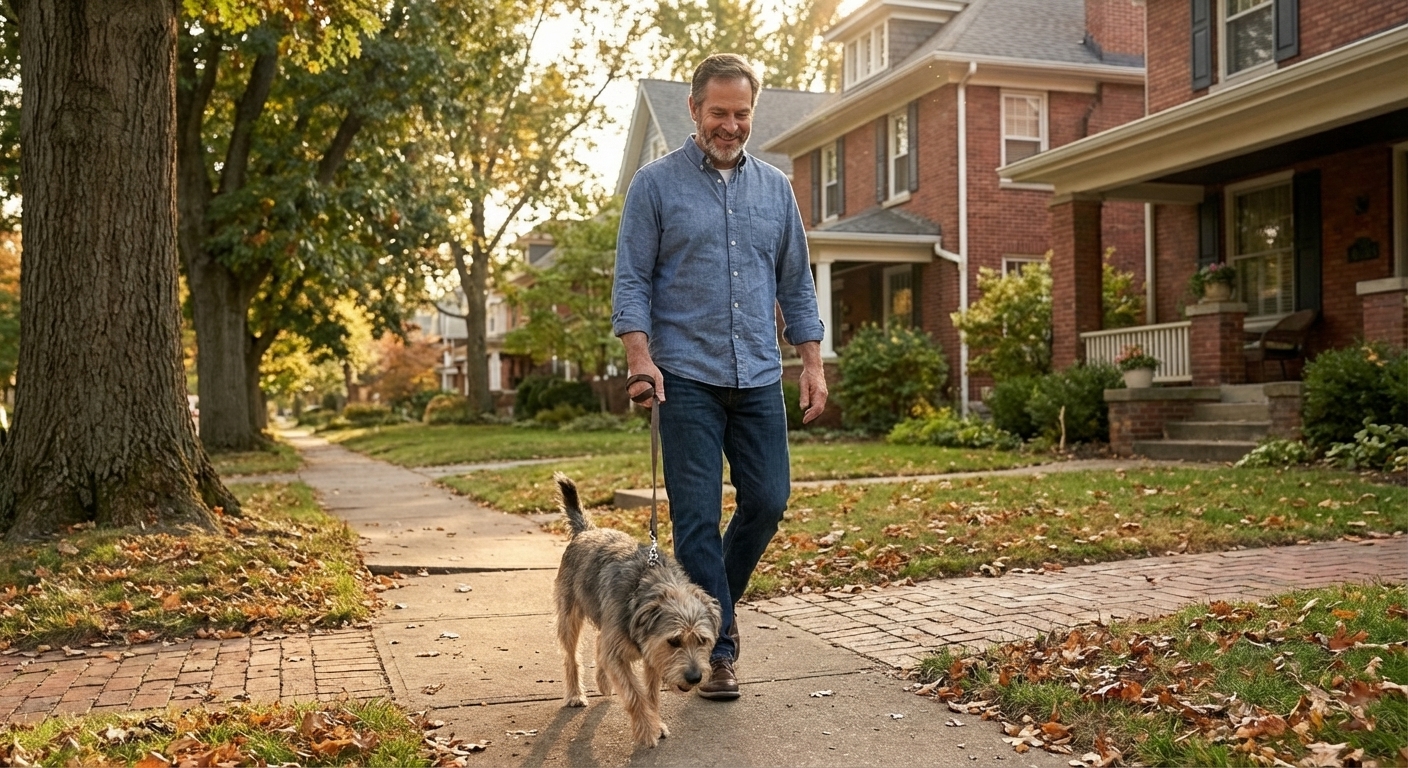 Marcus Hayes walking his rescue dog Barnaby on a neighborhood sidewalk in Columbus, Ohio during golden hour, candid street photography style
