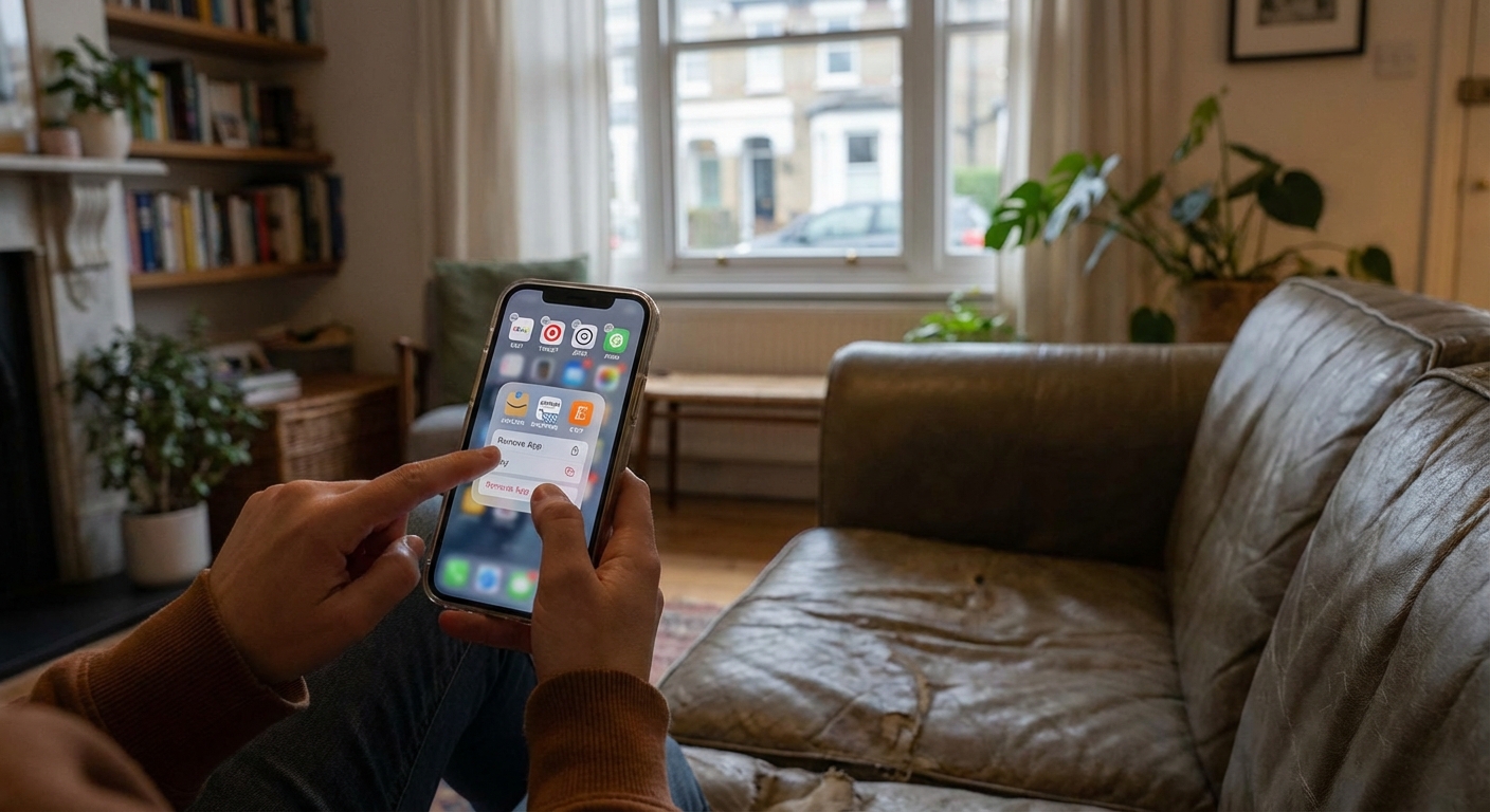 Person removing shopping apps from a smartphone home screen in a quiet living room