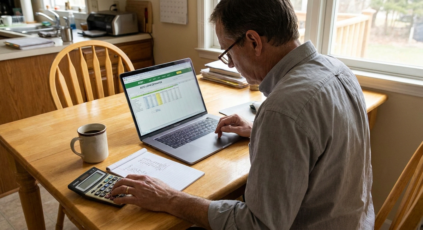 Person using a laptop and calculator to estimate car loan payments