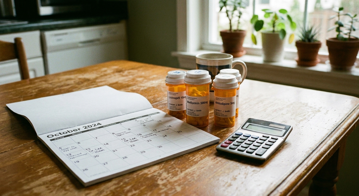Prescription pill bottles next to a paper calendar and a simple calculator on a kitchen table