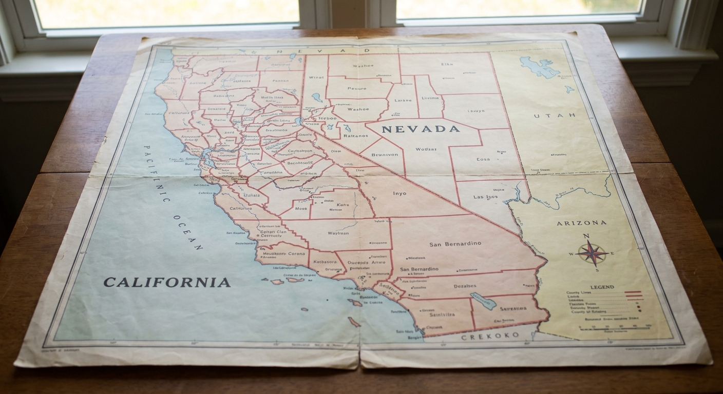Printed map showing parts of California and Nevada with county borders visible.