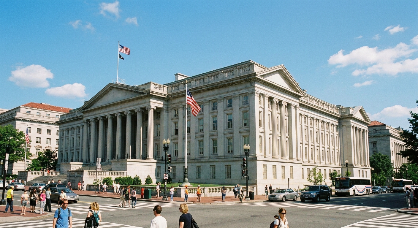 The U.S. Department of the Treasury building in Washington, D.C., photographed on a clear day with people walking nearby, realistic photo