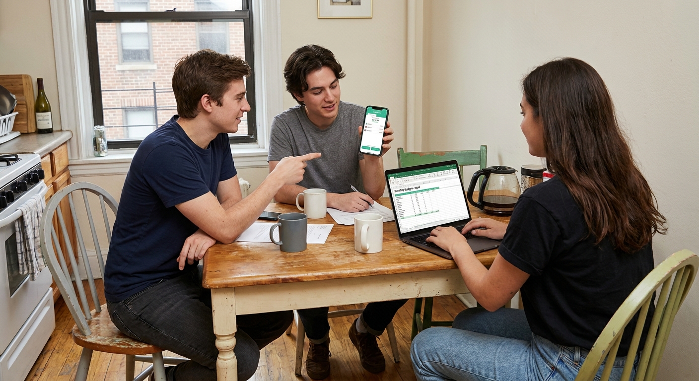 Three roommates sitting at a kitchen table in an apartment, looking at a phone showing a bill-splitting app while one person has a laptop open to a budget spreadsheet