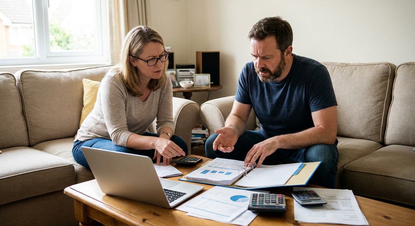 Two adult siblings sitting in a living room having a serious conversation while reviewing financial statements on a coffee table, real photo