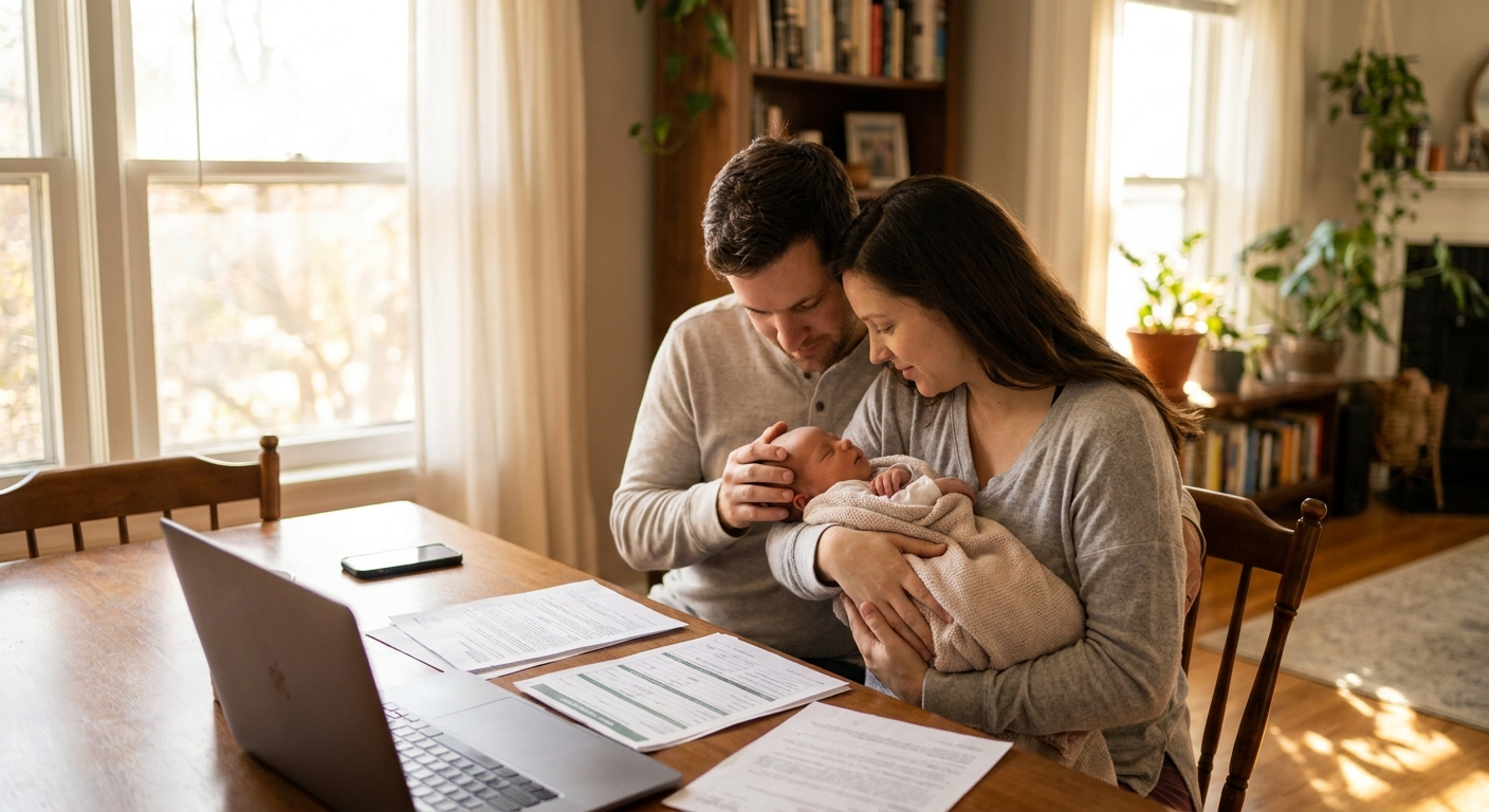 Two adults at home holding a newborn baby while looking at paperwork on a dining table, warm natural light, realistic photo