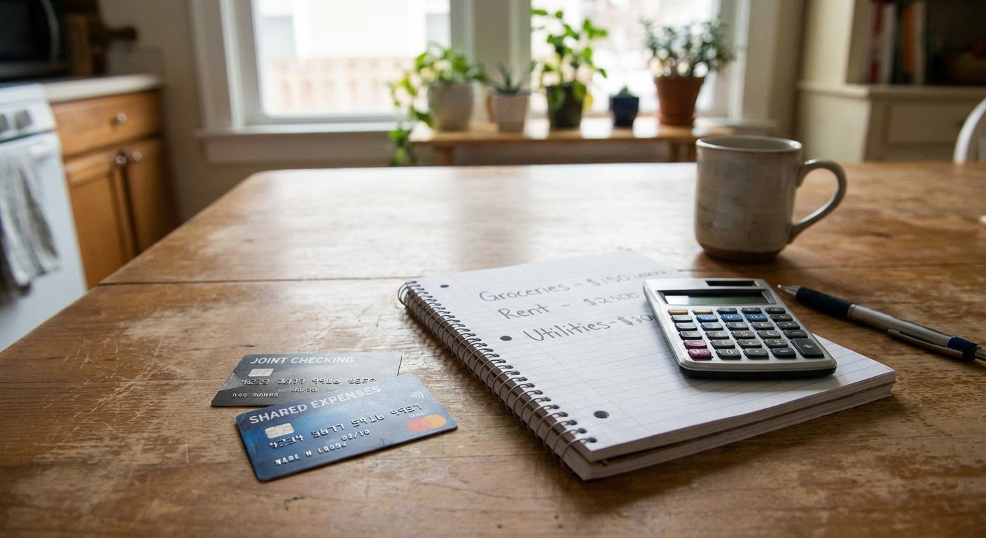 Two debit cards and a simple notebook budget on a wooden table in a home, suggesting shared household finances, realistic photography style