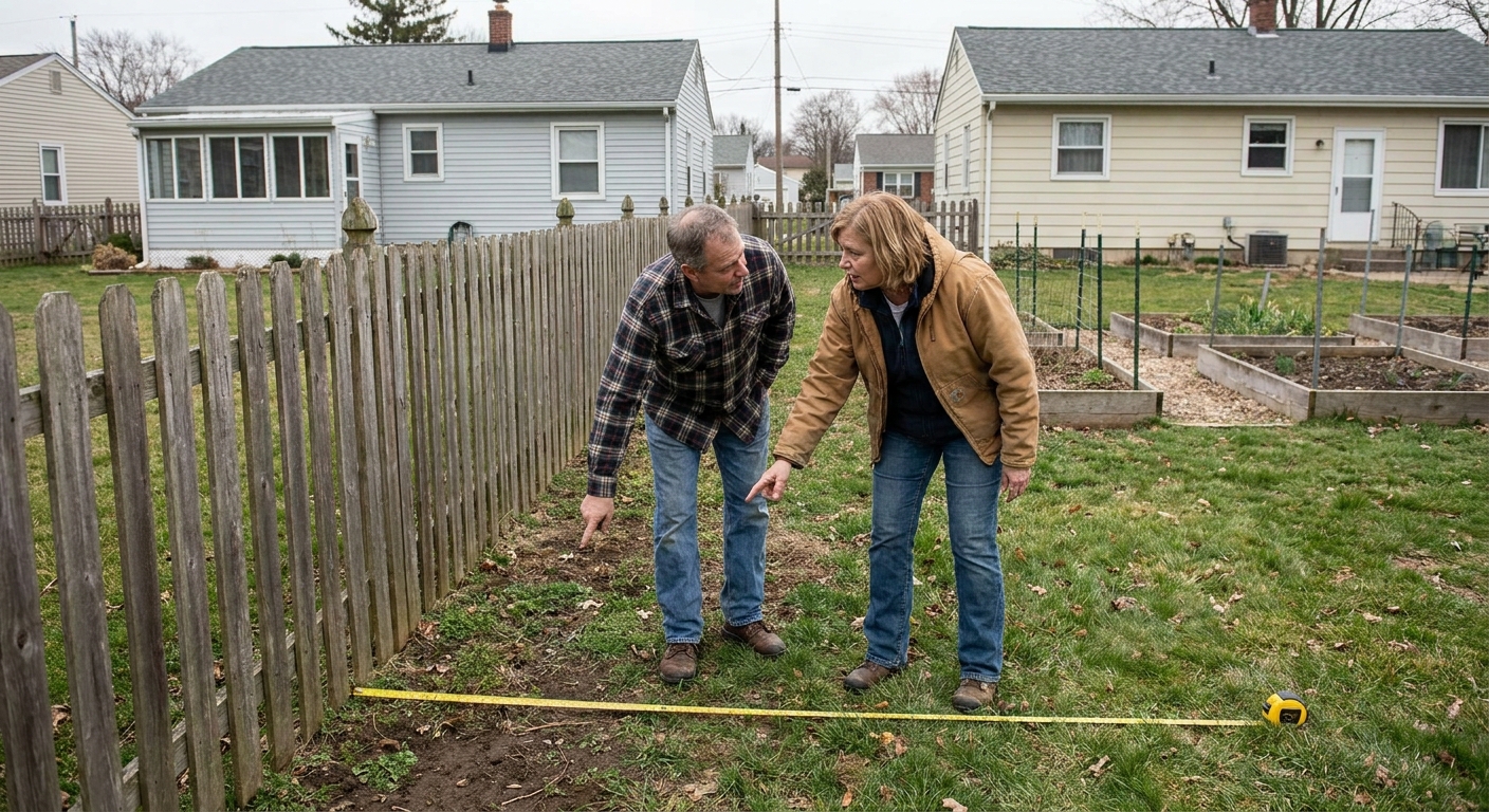 Two neighbors standing near a wooden fence along a suburban property line, looking at a measuring tape on the ground, real photography style